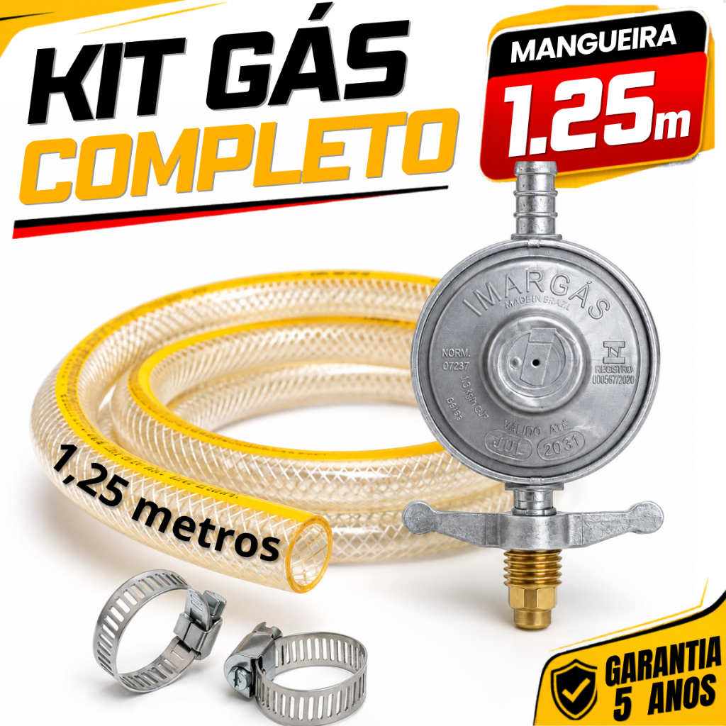 Registro Regulador De Gás De Cozinha Para Botijão Bujão Butijão P13 Com Mangueira 1,25m E 2 Abraçadeiras Kit Completo
