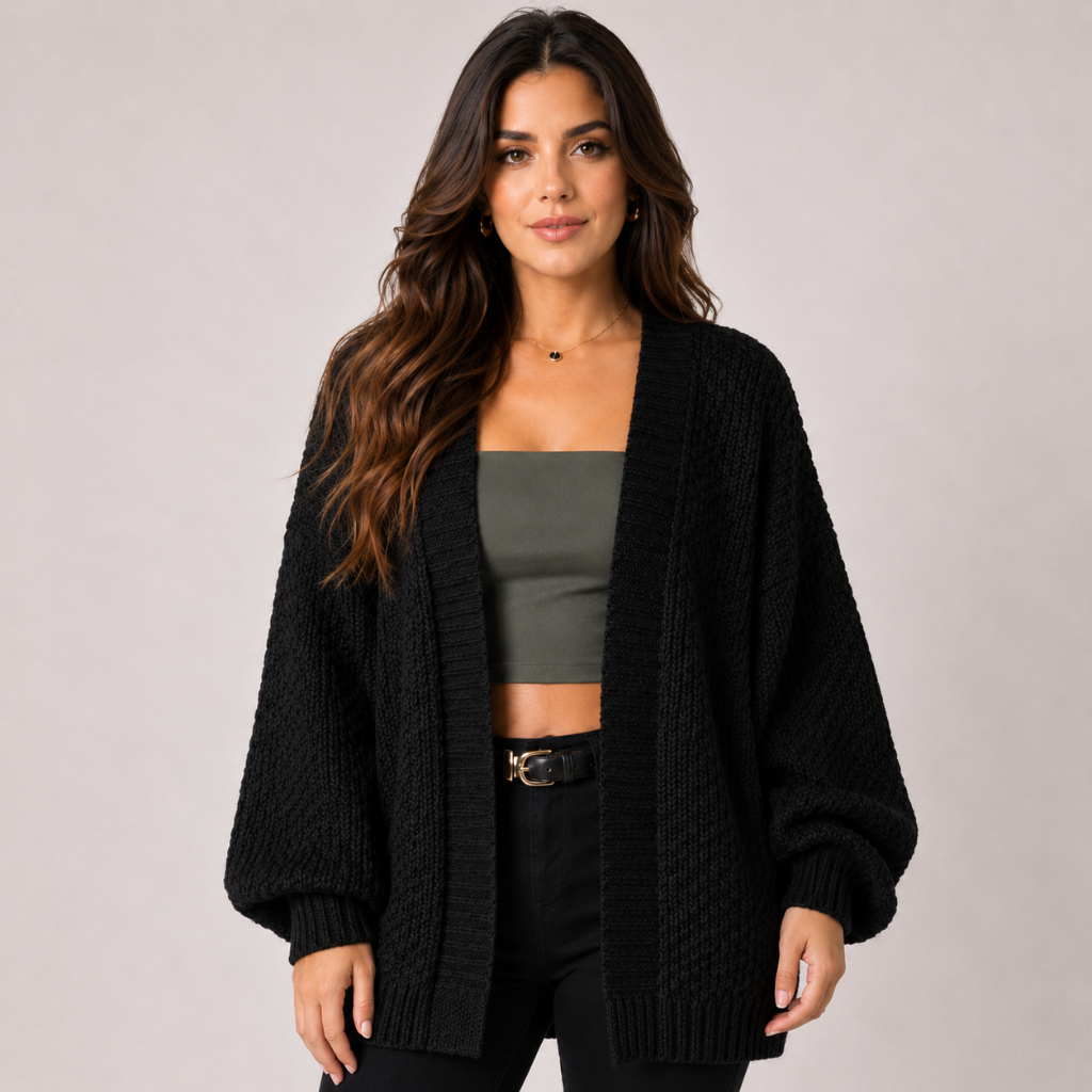 Cardigan Feminino Tricot Manga Longa Manga Bufante Encorpado Manga Ampla Moda Outono Inverno Casaco Kimono Casaquinho