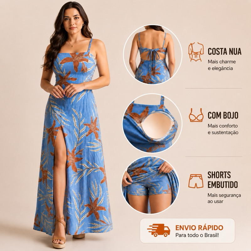 Vestido Longo Feminino  Floral e Fenda Lateral  Com  Short  Alça Regulável  Bojo e Tecido em Viscose Verão Confortável