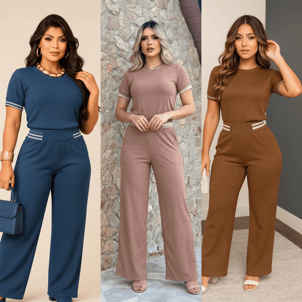 Conjunto Calça Pantalona e Blusa T-shirt Camiseta Feminina Malha Canelada — imagem 1