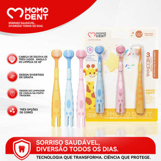 MOMODENT Escova Dental Infantil 3 Lados, Design Girafa, Cerdas Duplas, Ultra Macia, 3 Cores