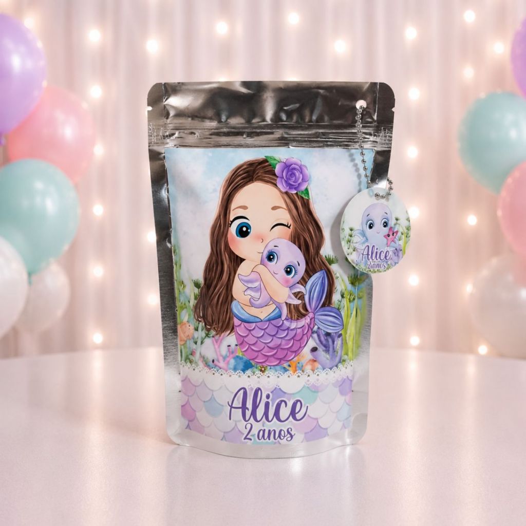 Saquinho Metalizado Ziplock Personalizado Sereia Cute - Personalizado/Lembrancinha de festa/Aniversário/festa infantil