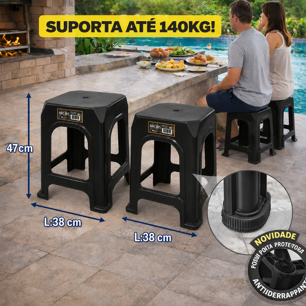 Kit 4 Banquetas Plástica ARCOS Preta Lisa Reforçada Resistente Até 140kg Cozinha Balcão Imediato