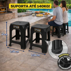 Kit 4 Banquetas Plástica ARCOS Preta Lisa Reforçada Resistente Até 140kg Cozinha Balcão Imediato