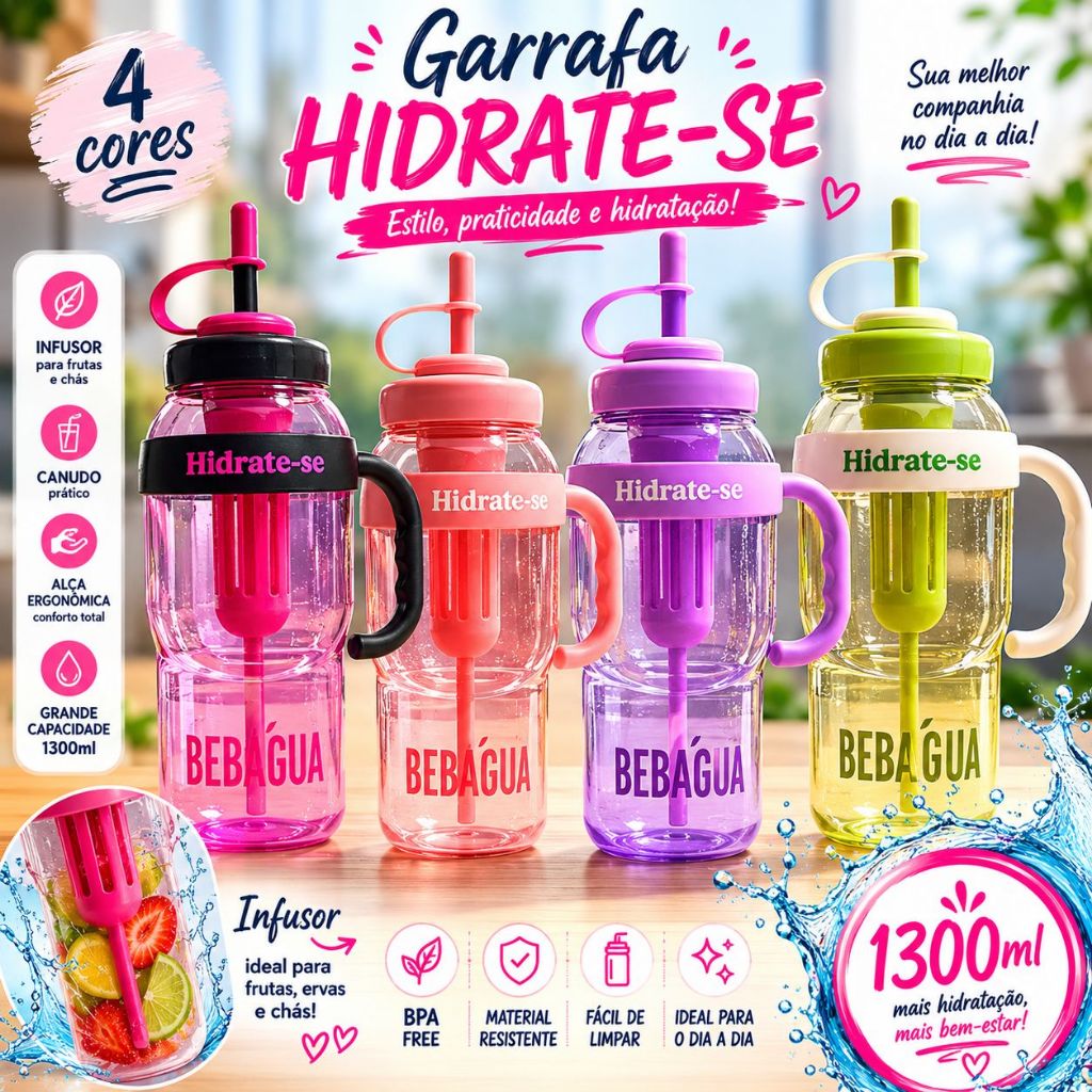Garrafa de Água e Chá 1300ml Esportiva com Filtro Infusor Com Canudo e Tampa