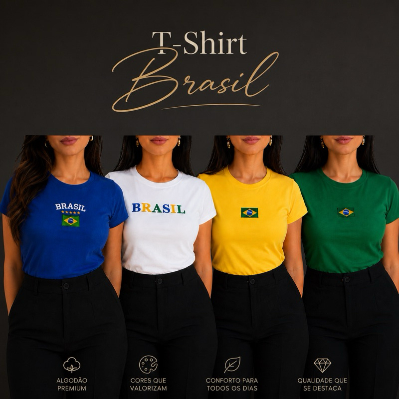 Blusa T-shirt feminina Brasil Algodão Bordada Brasilidades Brasil Core