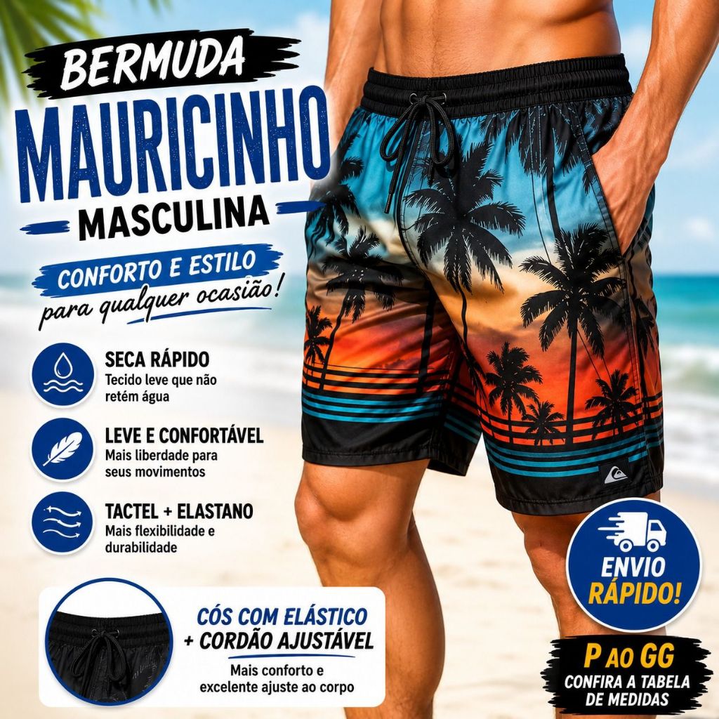 Bermuda Masculina Mauricinho Tactel Estampado | Seca Rápido | Praia e Dia a Dia