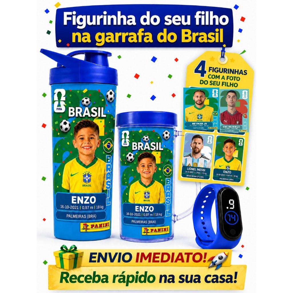 Figurinha Copa do Mundo 2026 + Garrafa Copo e Relógio Infantil Brasil Personalizado | Nome + Jogador | Envio Rápido