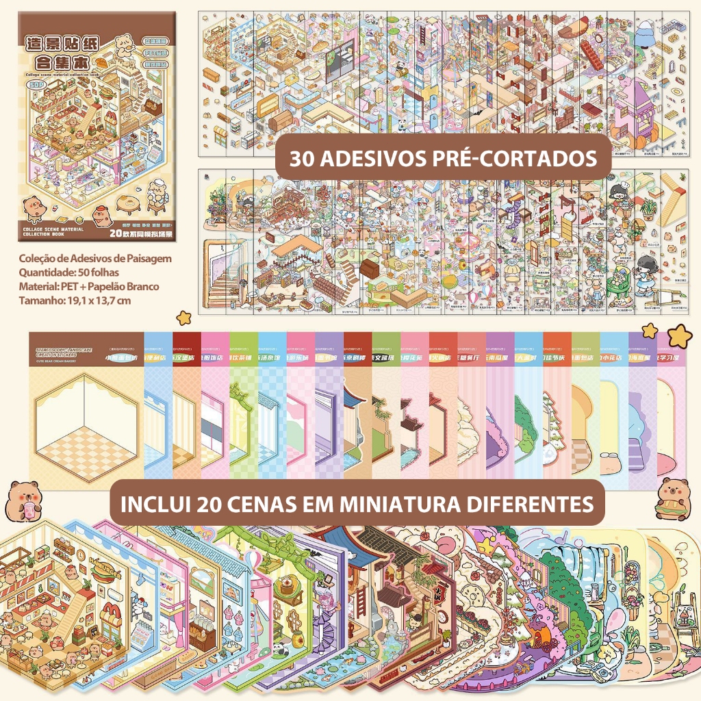 Kit 20 Cenas 3D Adesivos Paisagem Mini Mundo Criativo Crianças Colagem Decoração Papel Plástico Escolar