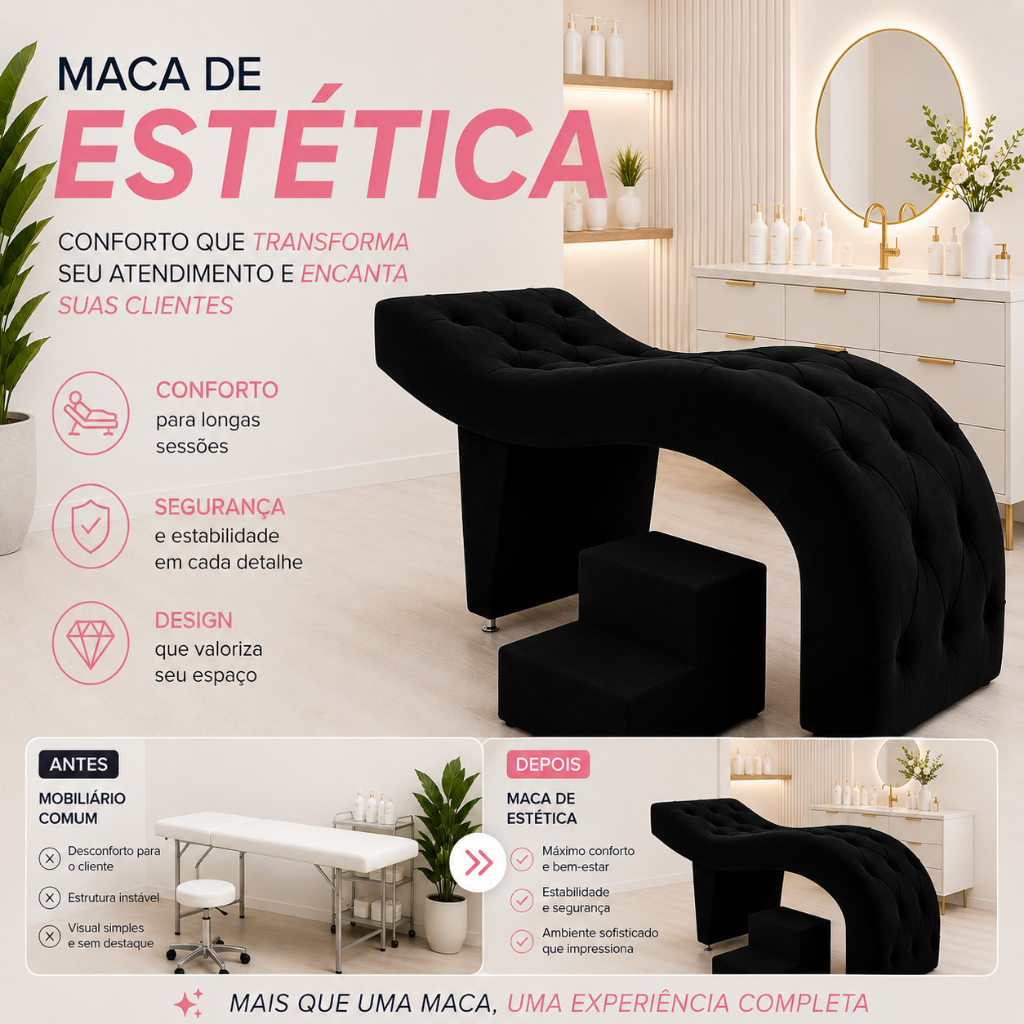 Maca de Estética para Massagem Cílios Fixa Lash Estofada com Escada Veludo Preto G83 - Gran Belo