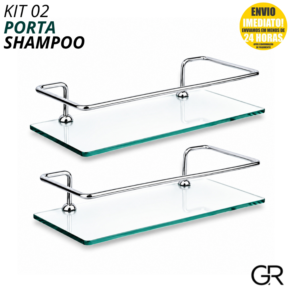 Kit 02 Porta Shampoo Acessório Banheiro Cromado Vidro Incolor Transparente 30cm Prateleira Luxo Reta Com Kit Instalação