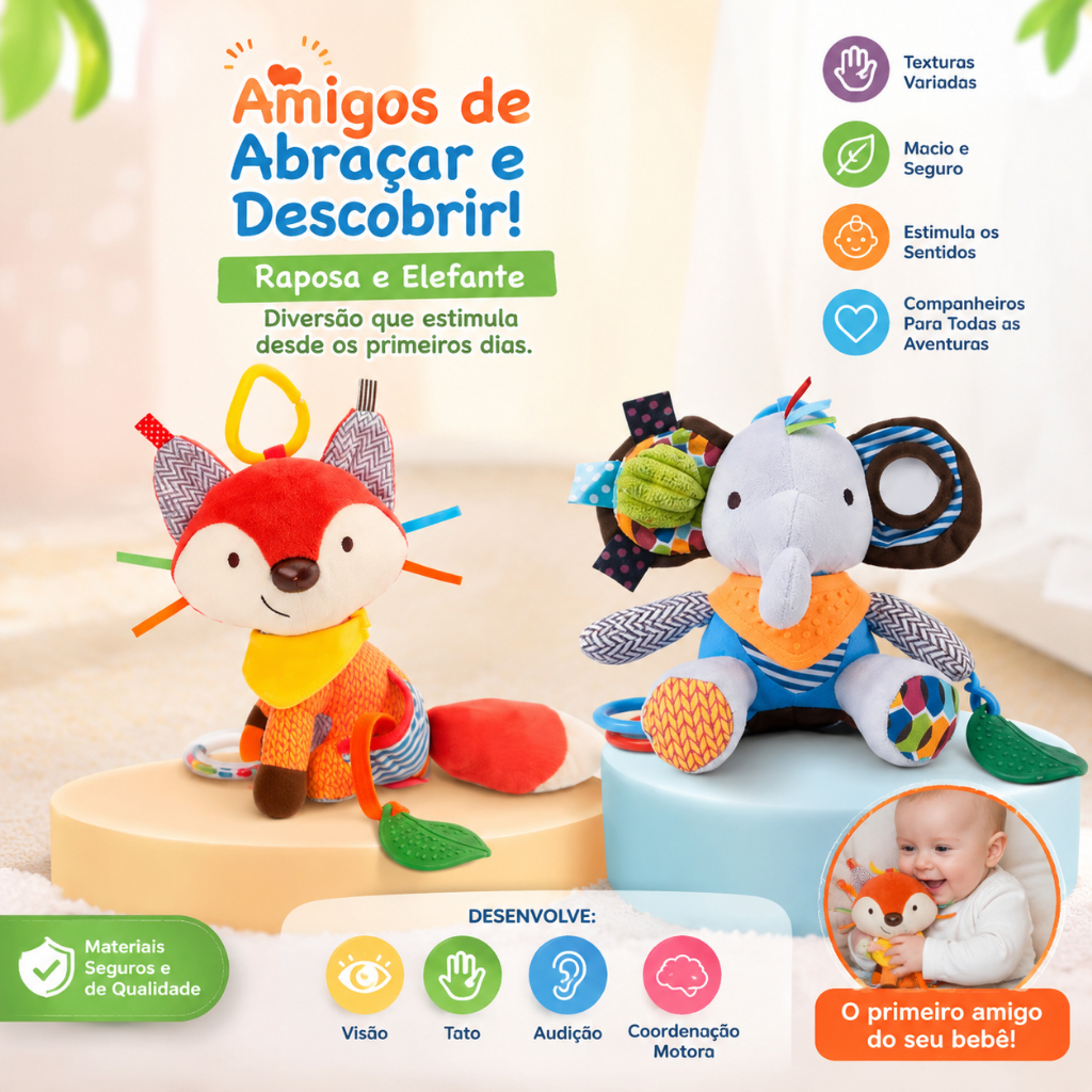 Brinquedo para Bebês Boneco de Pelúcia Multifuncional Sensorial para Bebê  c/ Mordedor