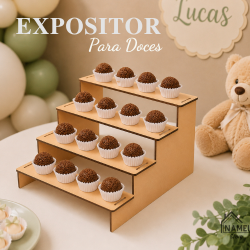 Porta Doces Suporte para Doces MDF Cru Decoração de Mesa Expositor Festa Escadinha Escada Doces