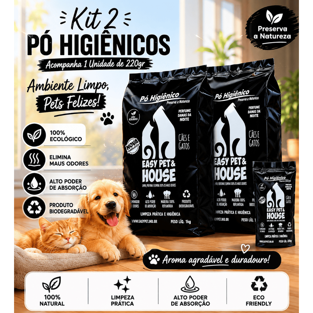 Kit 2 unidades1kg + 1 Brinde 220g Pó Higiênico Dama da Noite Eliminador de Odores Easy Pet & House 1 Kg