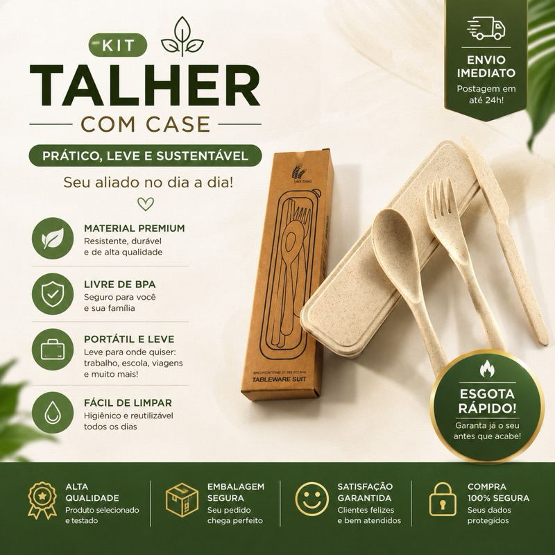 Conjunto De Talheres Fibra Estojo Colher Garfo Faca ecologico marmita camping escritorio