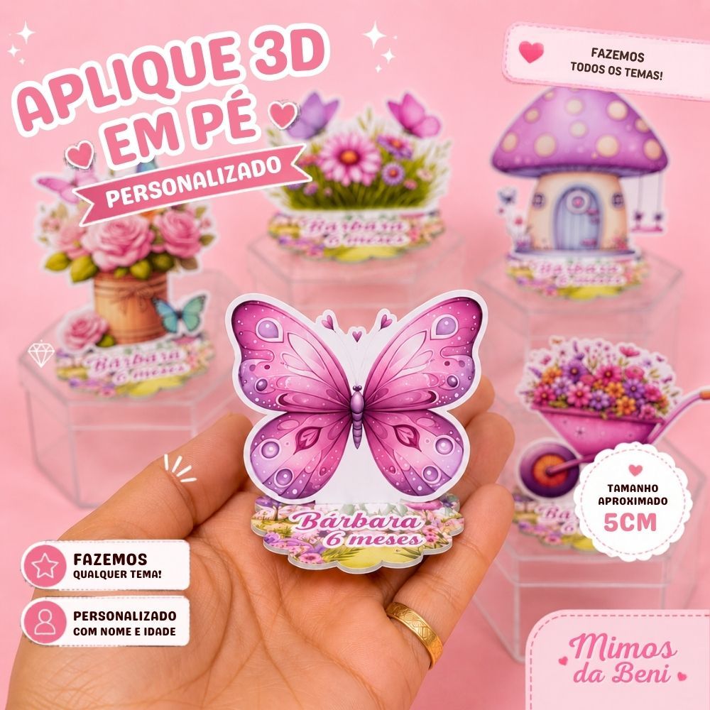 Aplique em Pé 3D Jardim das Borboletas Festa Infantil Personalizado Nome e Idade Lembrancinha