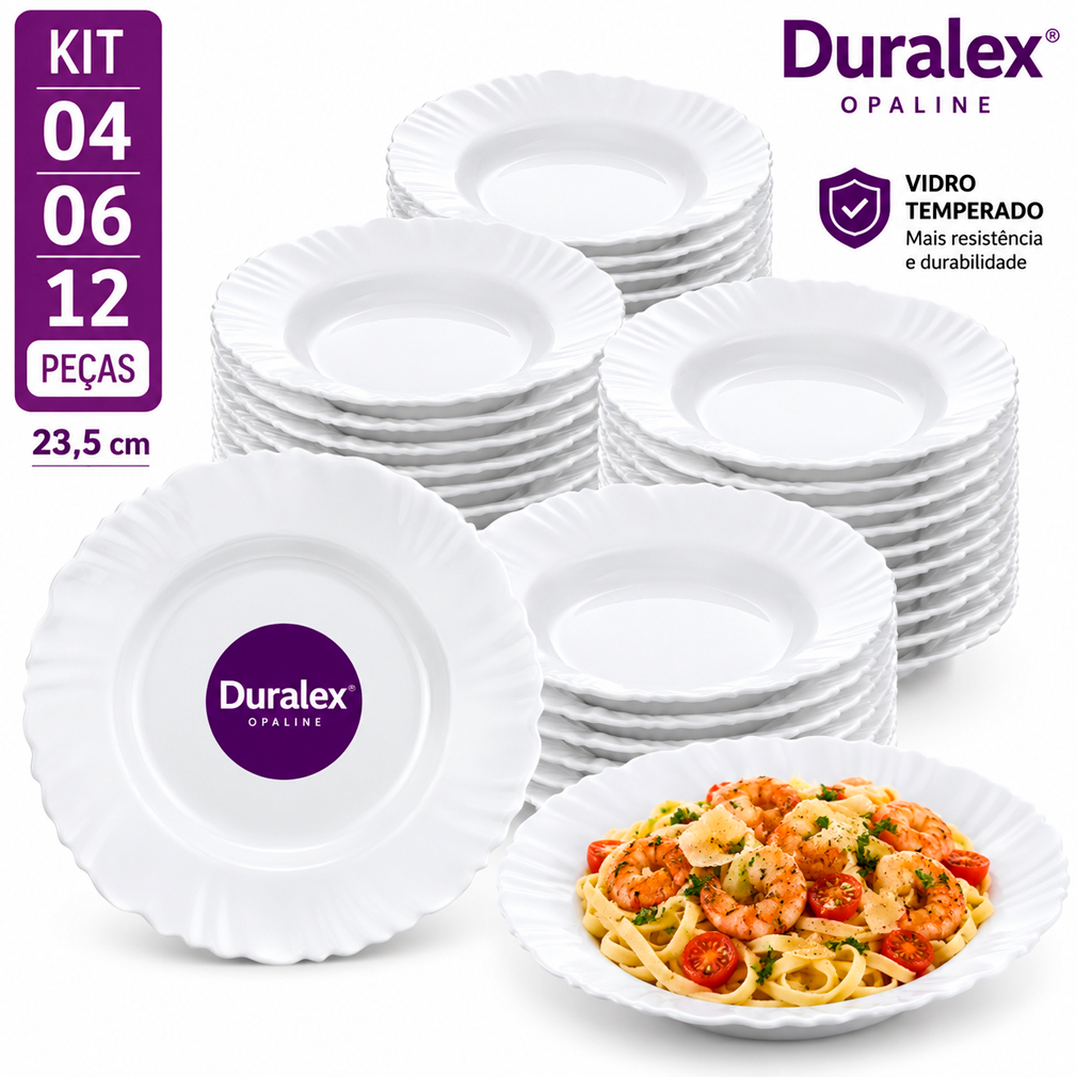 Jogo de Pratos Duralex Opaline Petala Vidro Temperado Branco Fundo Kit Completo Jantar e Almoço