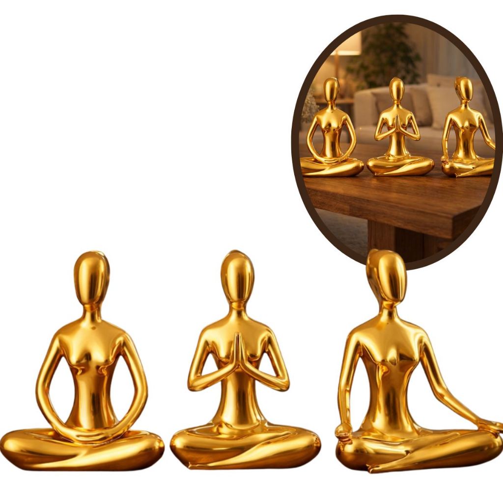 Trio Yoga Dourado Decorativo Em Porcelana Esculturas Zen Cmc 03 Posturas