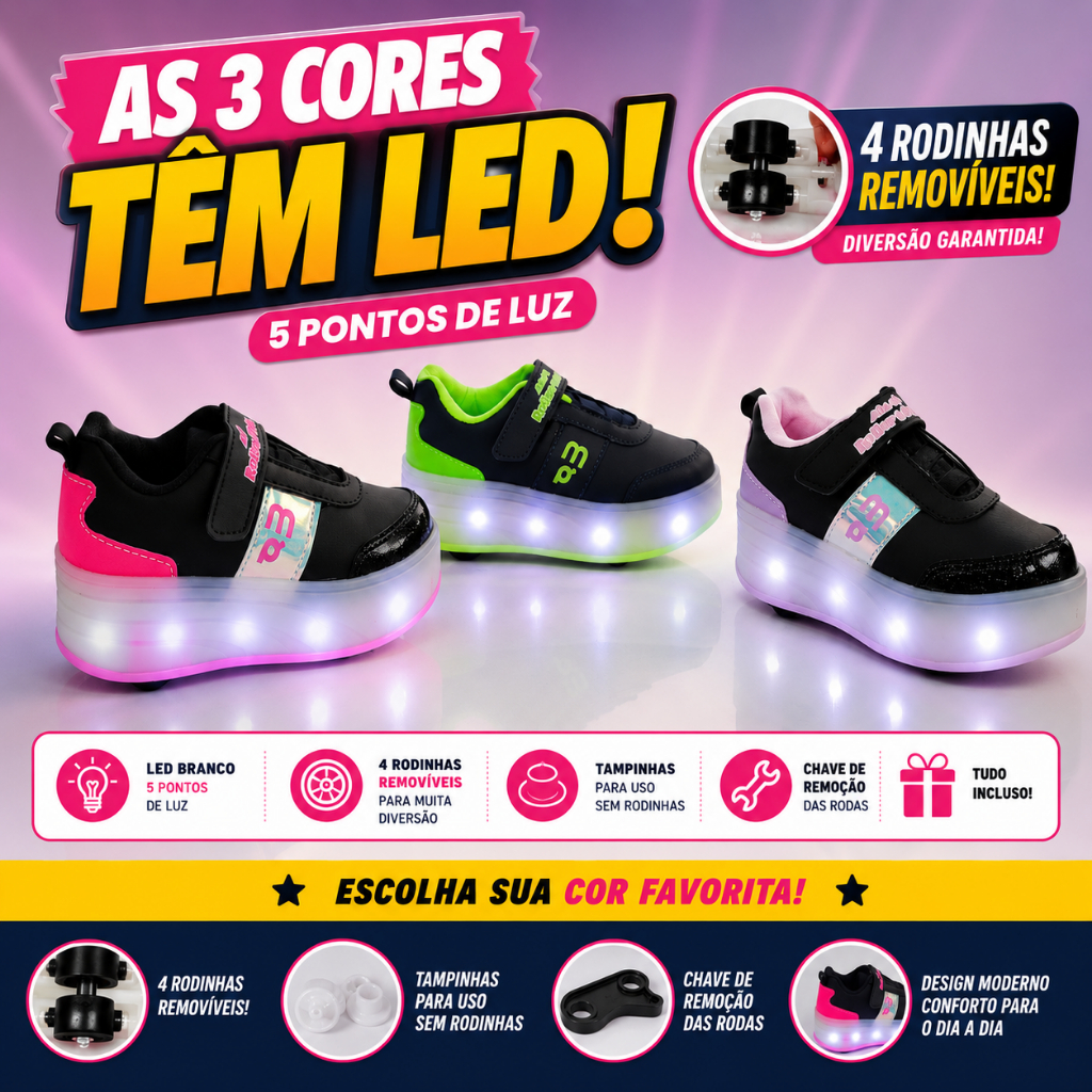 Tênis de Rodinha Infantil Menina menino COM LED  2 em 1 Removível Confortável Antiderrapante Escolar