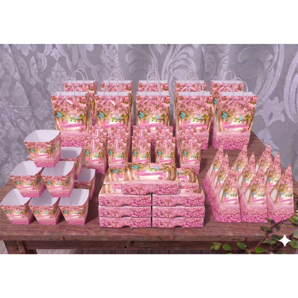 25 a 100 itens pegue monte aniversário jardim encantado passarinho borboleta pronta entrega sacolinha, caixinha milk