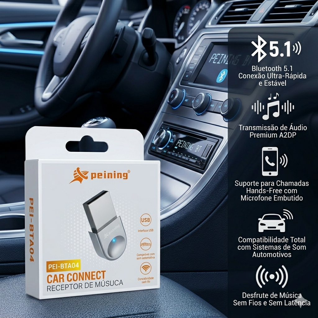 Adaptador Bluetooth PEI-BTA04 USB Automotivo Áudio Sem Fio Plug Play V5.1 USB Compacto