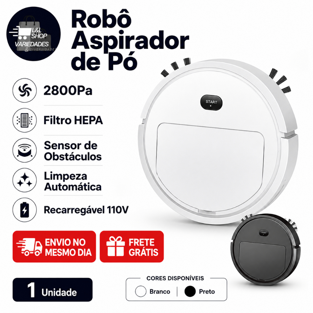 Robô Aspirador de Pó Recarregável 110V2800Pa com Sensor de Obstáculos Filtro HEPA Limpeza Automática