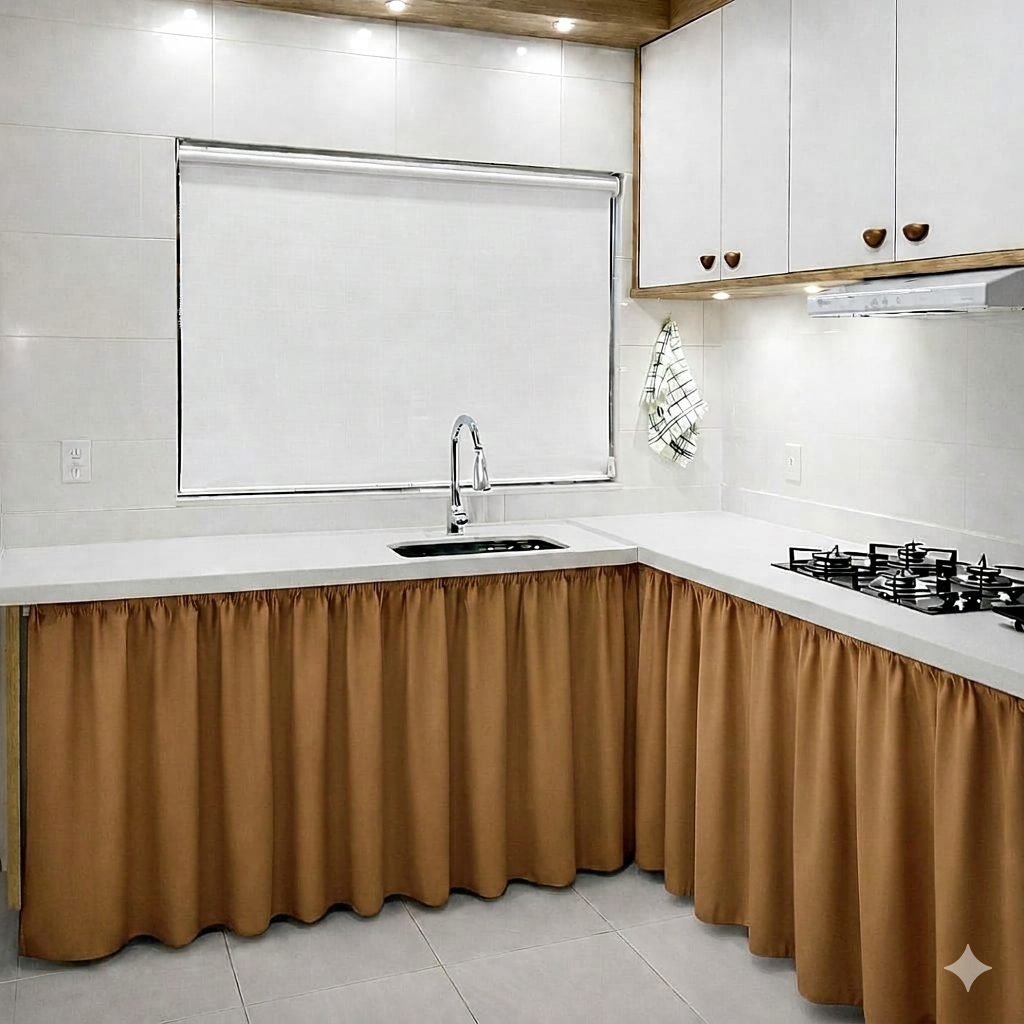 Cortina de Pia Bege Avelã 2,80x0,80 2 Peças Cortininha para Pia Cuba Lava Louca Balcao Tanque Cozinha