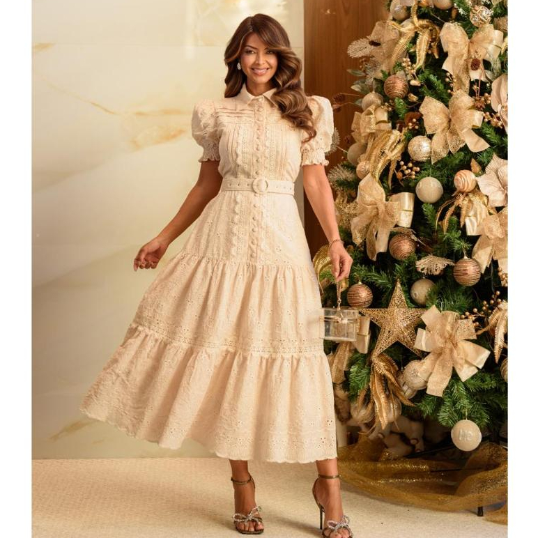 Vestido Midi Akyla Renda Guipir com Cinto e Botões Gola Madrinha Festa Luxo Formatura Evangélico CN