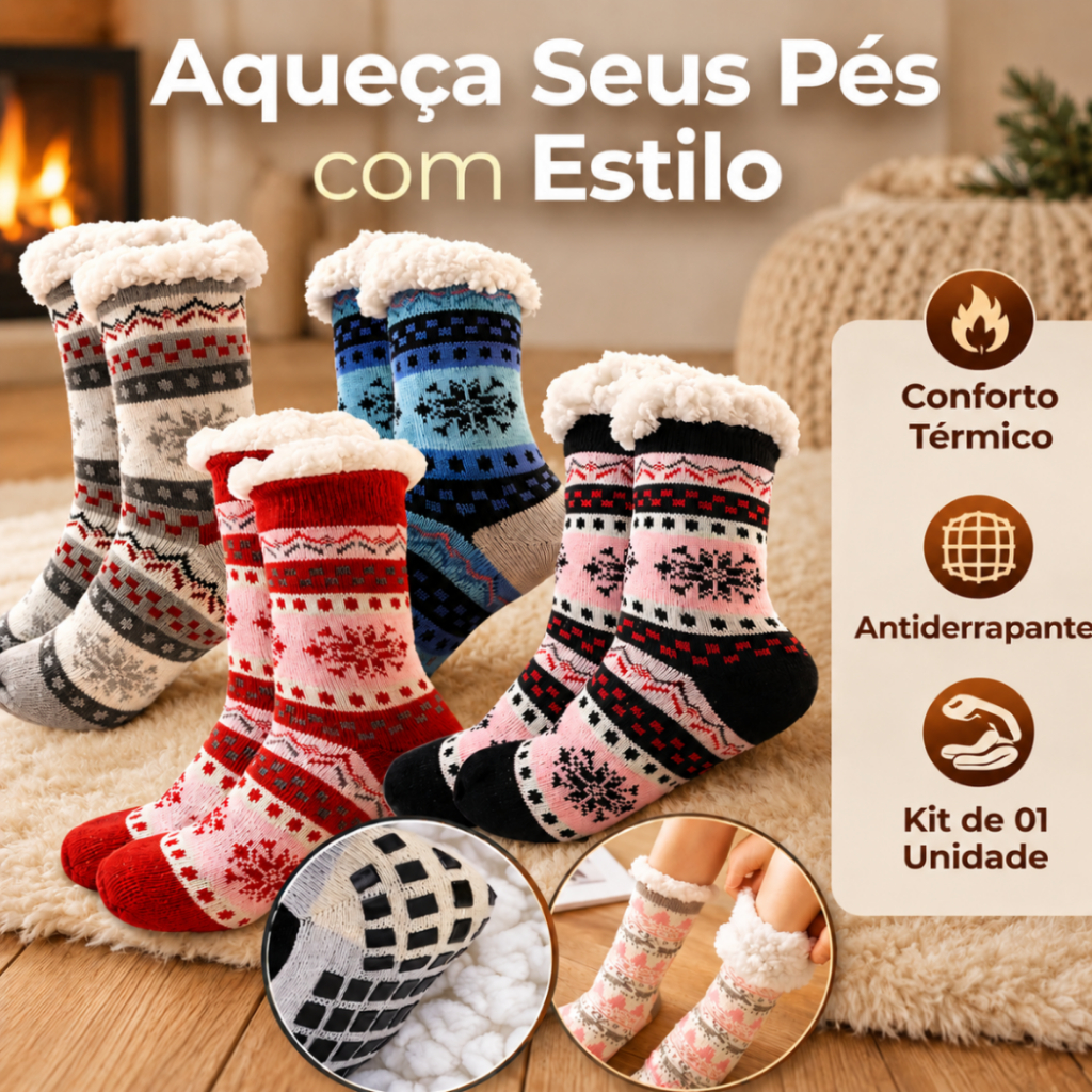 Meia Térmica Peluciada Lã Forrada Quentinha Inverno Macia Confortável Feminina Unissex Meia Quente