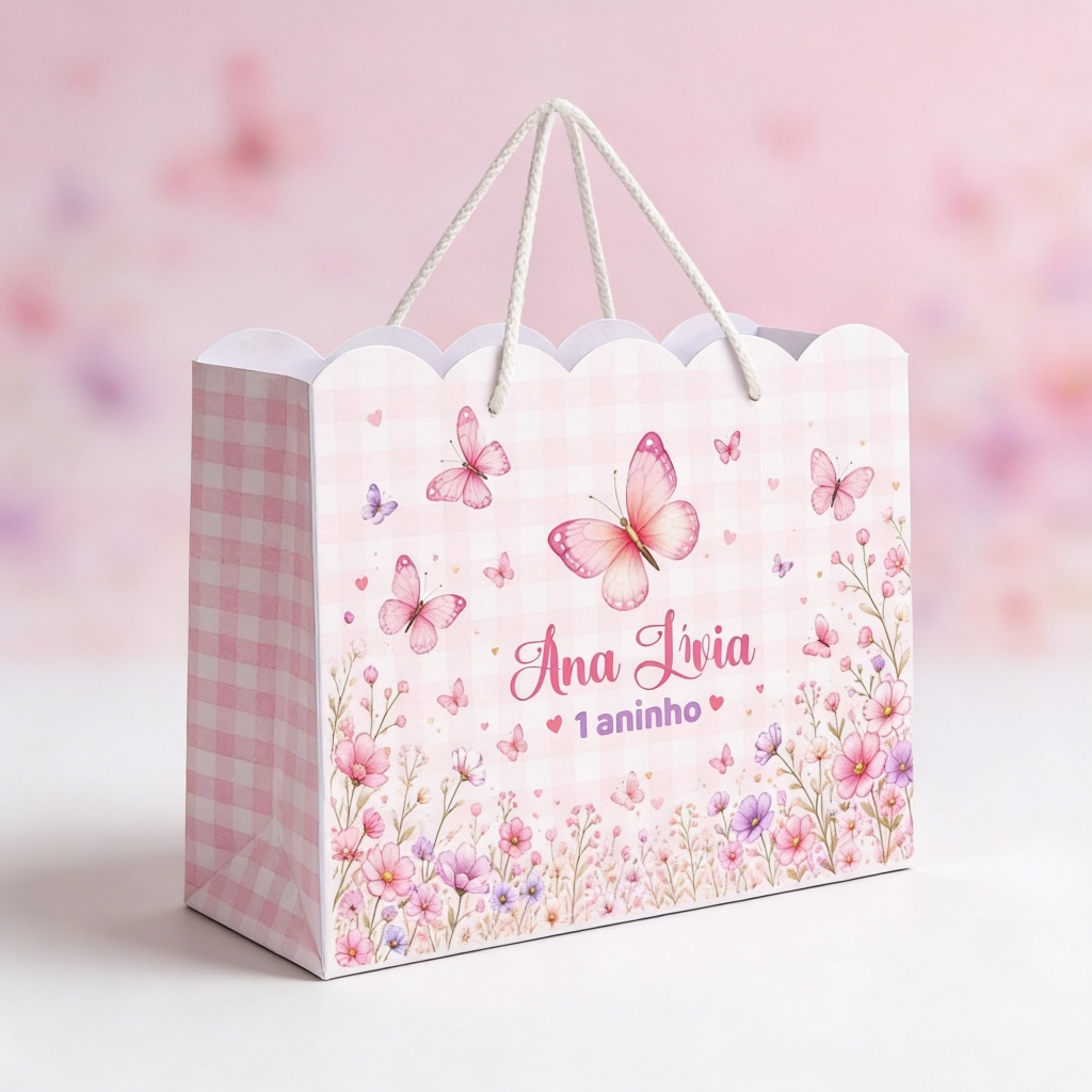 Sacolinha Borboletas Jardim Encantado Floral Rosa Personalizada Pegue e Monte