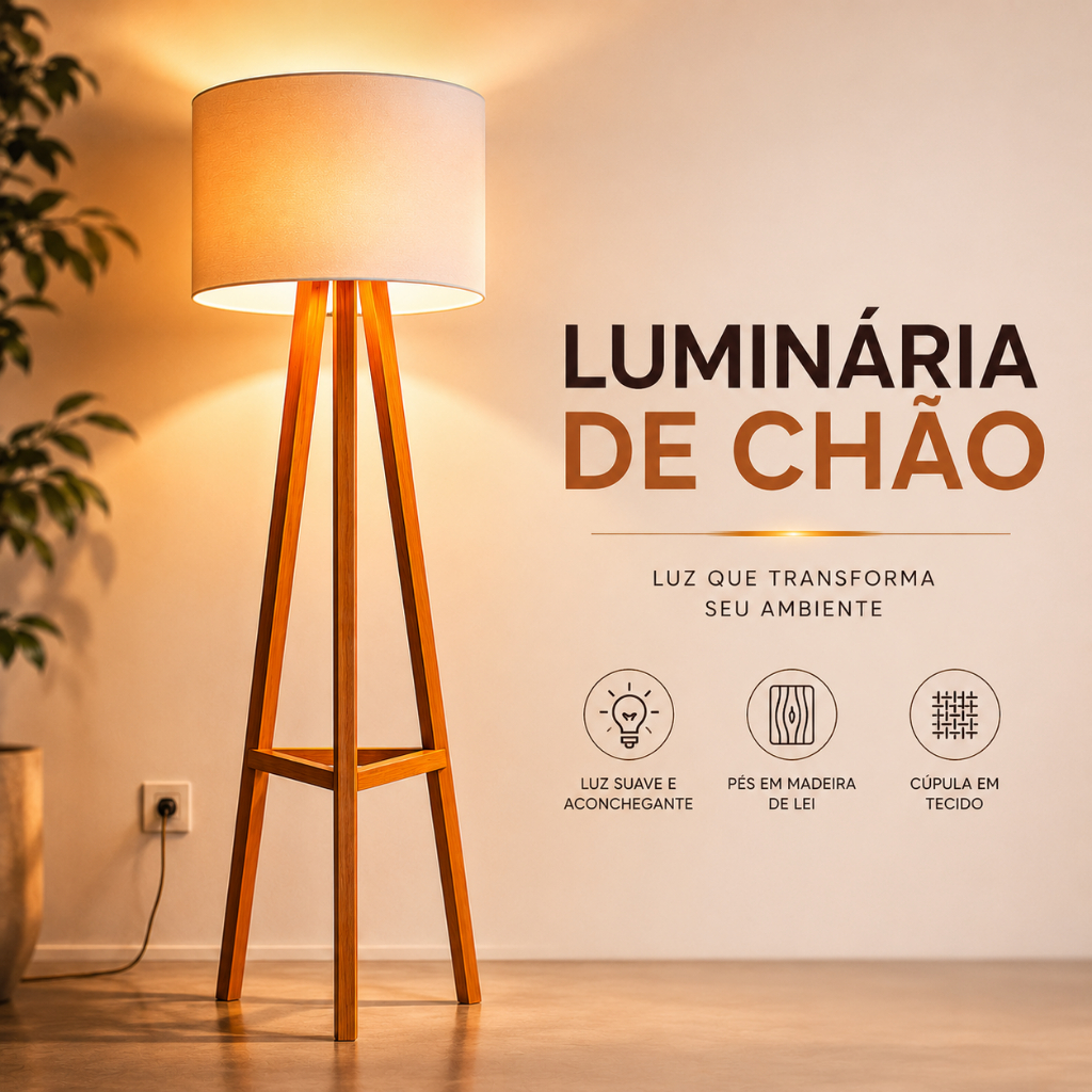 Luminária Abajur De Chão Em Madeira Com Cúpula Em Tecido Moderna Decorativa Para Sala Quarto Moderna