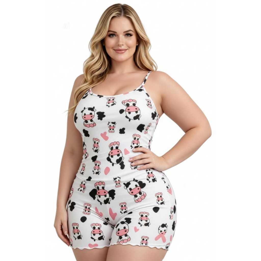 Pijama Feminino Macaquinho de Alcinha Plus Size Estampado Malha PREMIUM
