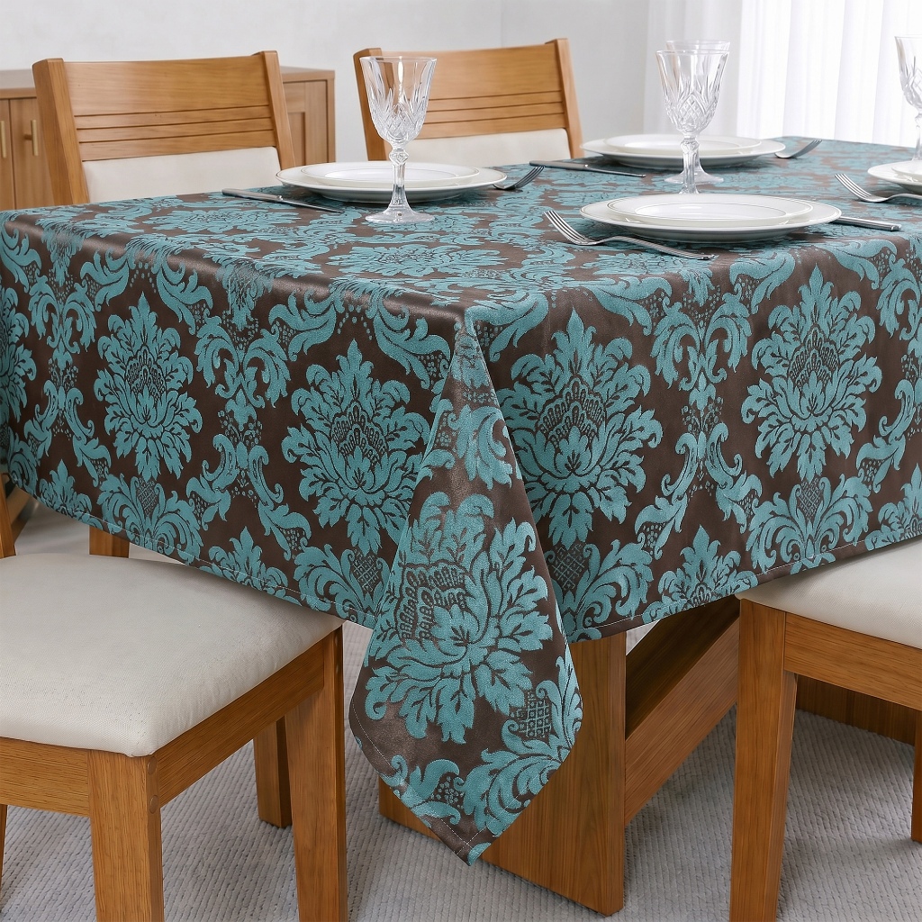 Toalha de Mesa Quadrada Jacquard Medalhão 140x140cm - Turquesa e Marrom