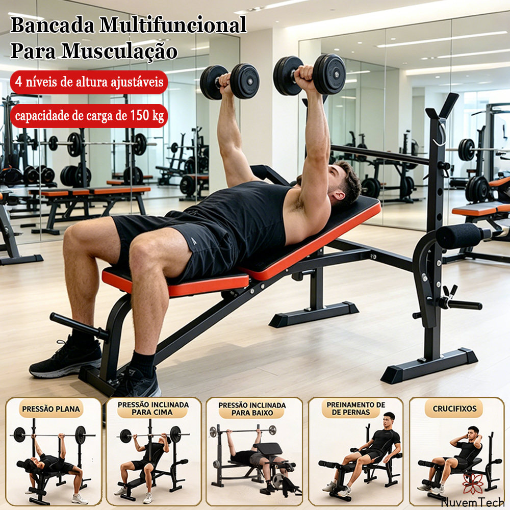 Estação De Musculação Banco De Supino Ajustável Multifuncional Dobrável Resistente Suporta Até 150kg