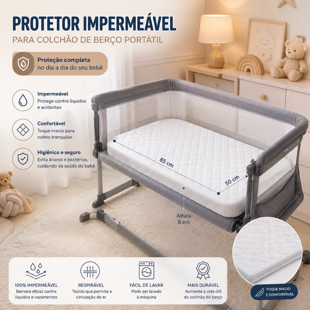 Protetor de Berço Portatil Side by Side Impermeavel Matelado c/ Elastico