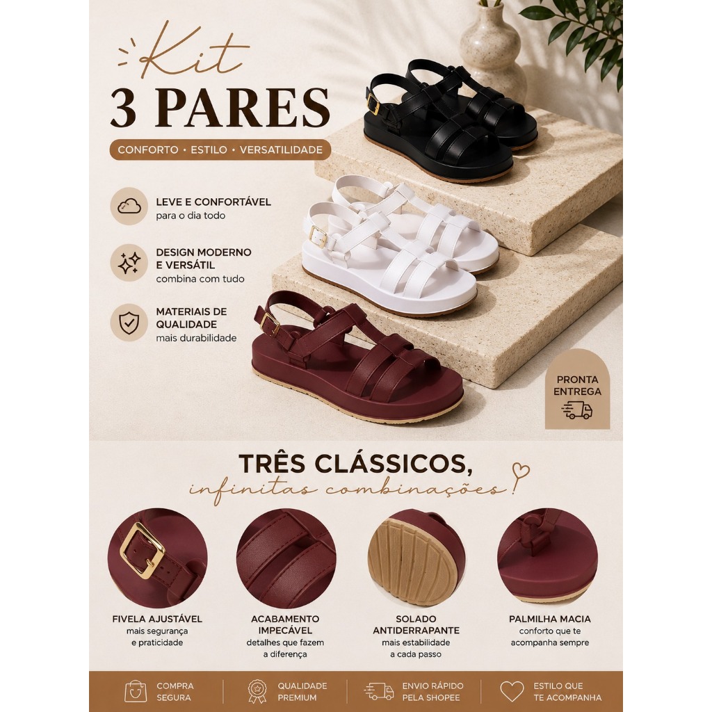 Sandália Papete Plataforma KIT 3 Pares Feminina Adulta Confort Lançamento