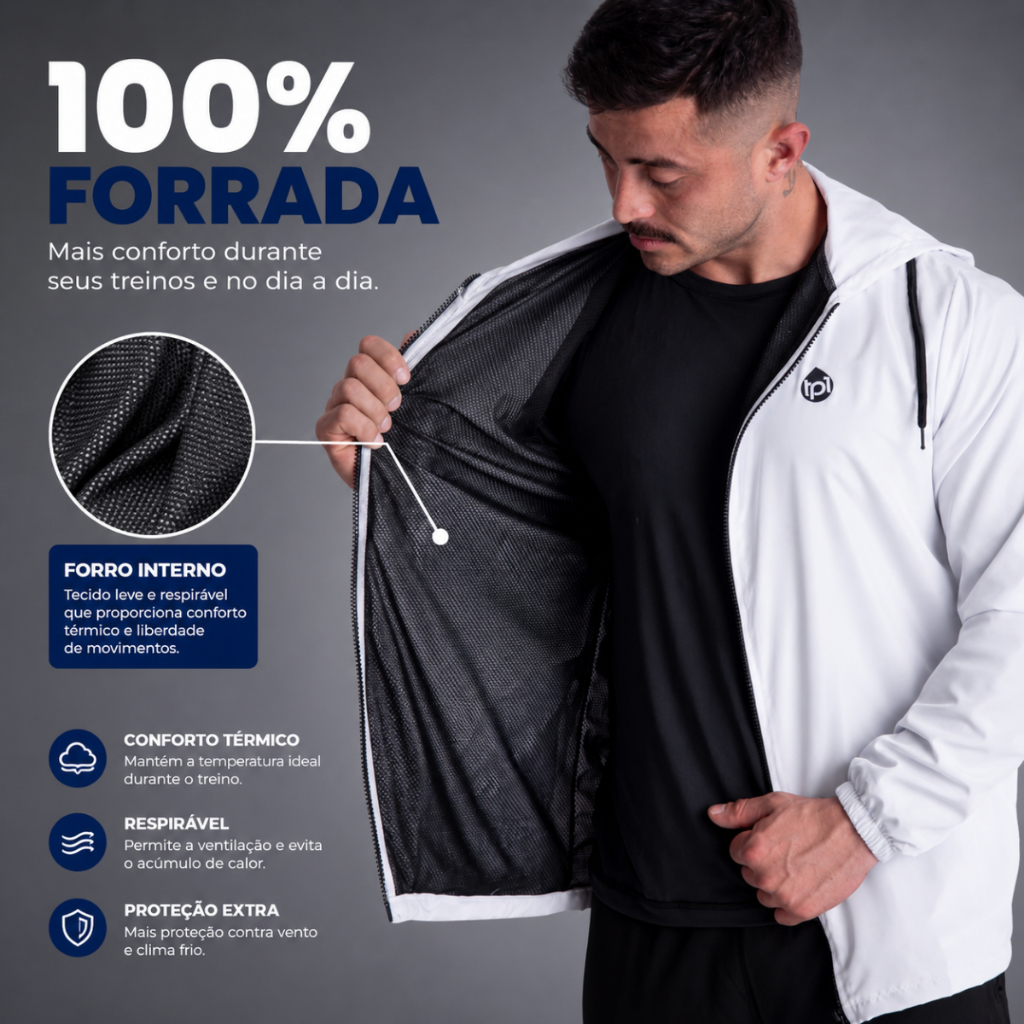 Jaqueta Corta Vento Masculina Com Capuz impermeavel 100% Forrada Academia Esportiva Ziper Bolso Moto