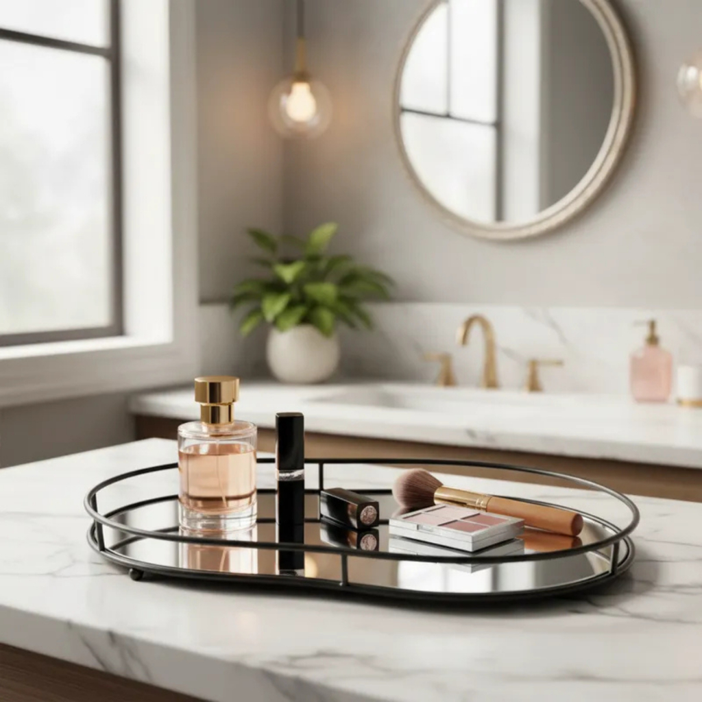 Bandeja Vidro Espelhado Maquiagem Lavabo Quarto Banheiro Make Decoração Orgânica 30cm