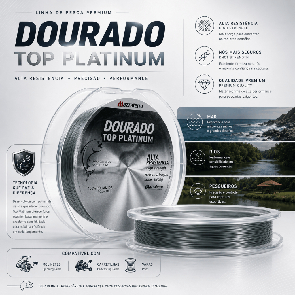 Linha de Pesca Mazzaferro 0,35mm Top Platinum 12,4 kg Resistência Linha Premium Traíra Tucunaré Piau Tilápia