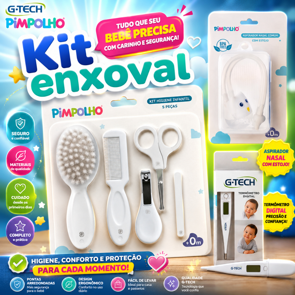 Kit Higienico bebe 8 Peças Premium –Com Termômetro G-Tech+Aspirador Nasal c/Estojo Pimpolho e G-tech