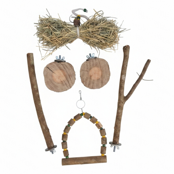 Kit C/6 Podutos: 2 Poleiros/1 Pendulo/2 Poleiro Bolacha/1 Balanço - Madeira 100% Natural - Passaros