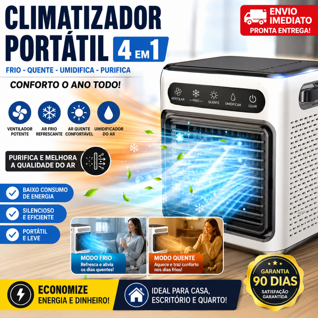 Climatizador Portátil 4 em 1 Ar Frio e Quente Umidificador Purificador Ventilador silencioso