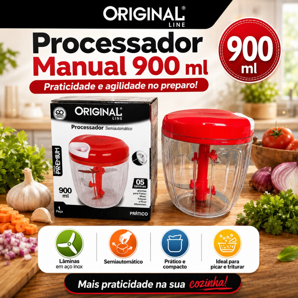 Processador Manual De Alimentos Grande 5 Lâminas Em Aço inox 900ml Original line preto/vermelho