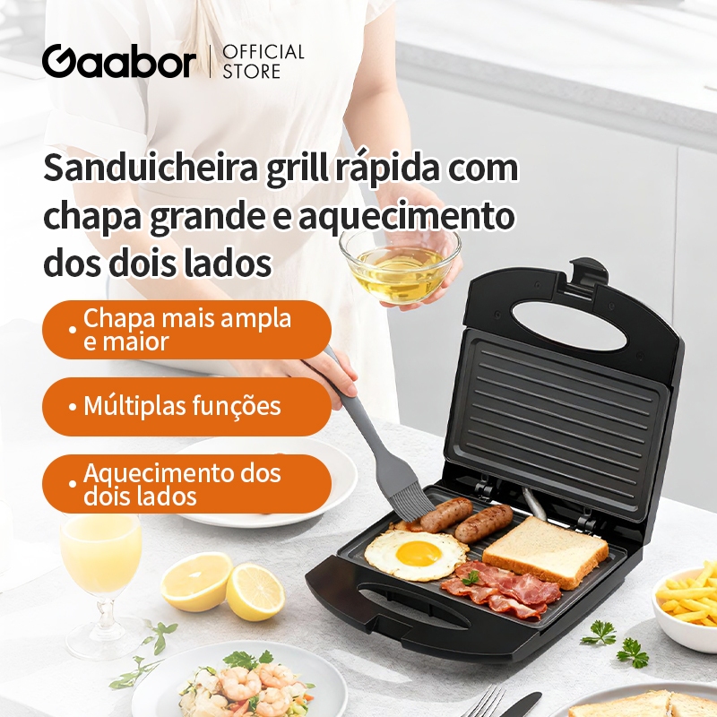 Gaabor Sanduicheira Elétrica 800W Preta Dupla Face Antiaderente Compacta Leve 2 Sandes EH M03A