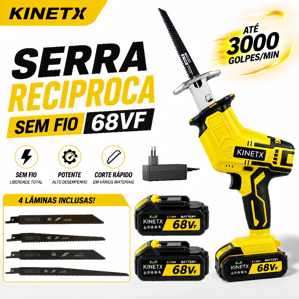 KINETX Serra Sabre 68VF Brushless + 4 Lâminas + 2 Baterias Profissional Portátil Sem Fio Corte de Ossos Carne Galhos
