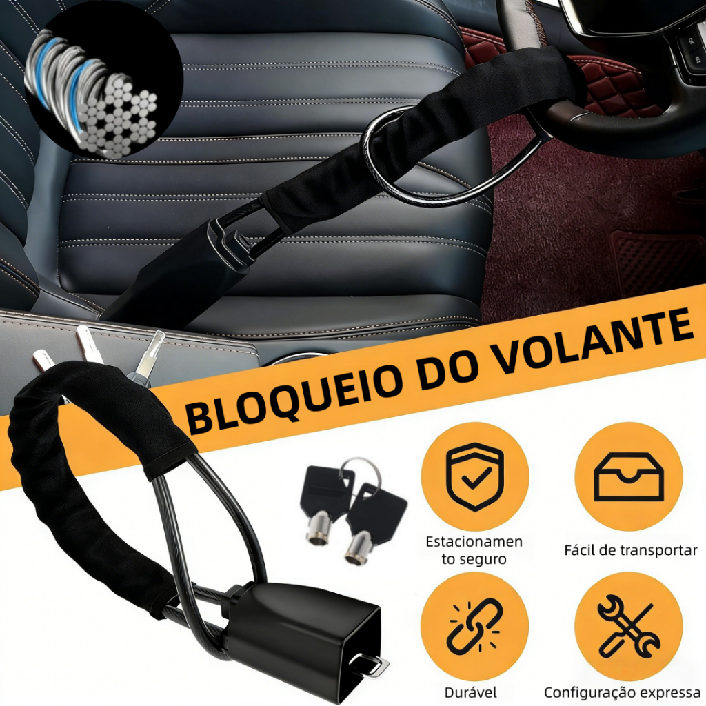 Trava de Segurança Cadeado 2 Chaves Antifurto Volante Cinto Veículo Proteção