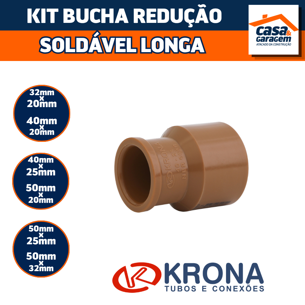Kit de Bucha de Redução Soldável Longa Krona Conexão Hidráulica PVC