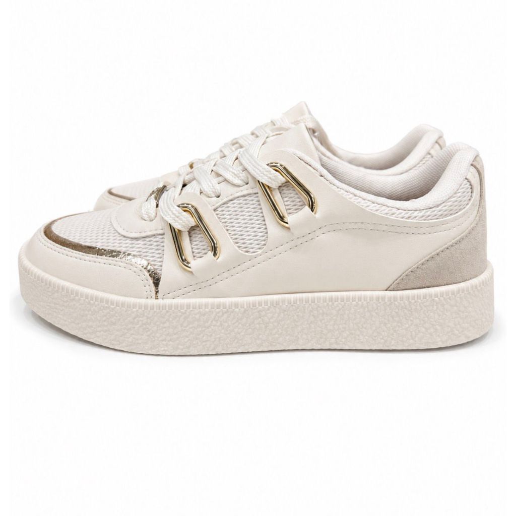 Tênis Feminino Casual Plataforma Vizzano Branco Off com Detalhes Dourados Confortável e Moderno