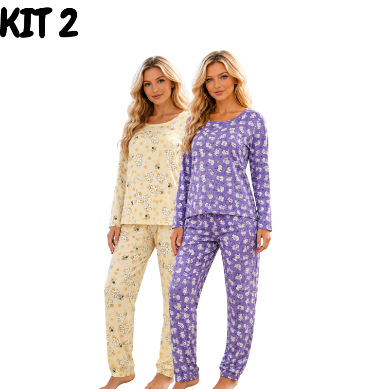 Kit 2 Pijama Longo Feminino De Inverno Suede Macio Quentinho Estampado