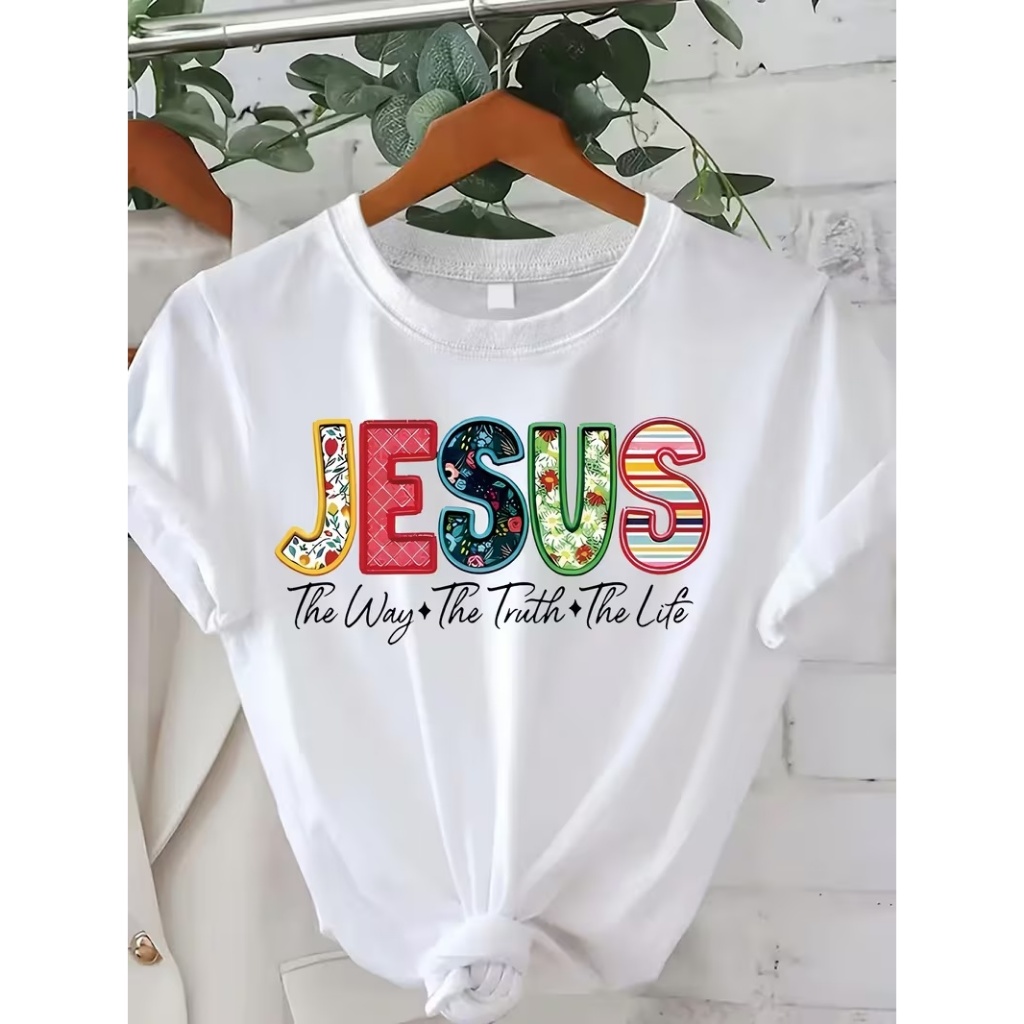 Camiseta Feminina 100% Algodão Estilosa  Cristã Estampa Jesus Flores Blusa Casual, Confortável Clássica